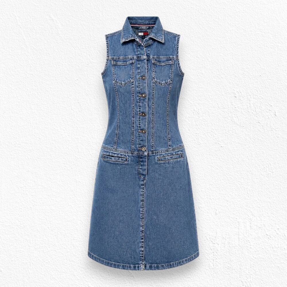 Vintage Y2K Tommy Hilfiger Medium Wash Logo Denim Mini Dress Size XS S 2001 NWT